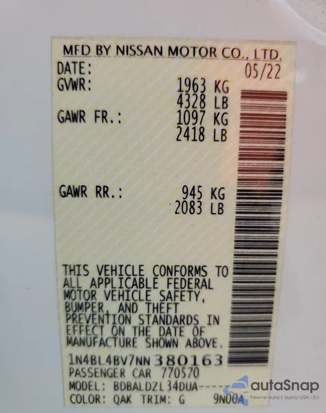 2022 Nissan Altima S from USA, damaged, VIN 1N4BL4BV7NN380163